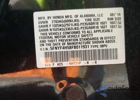 2015 Honda Pilot Ex-L z USA, uszkodzony, nr VIN 5FNYF4H58FB011931